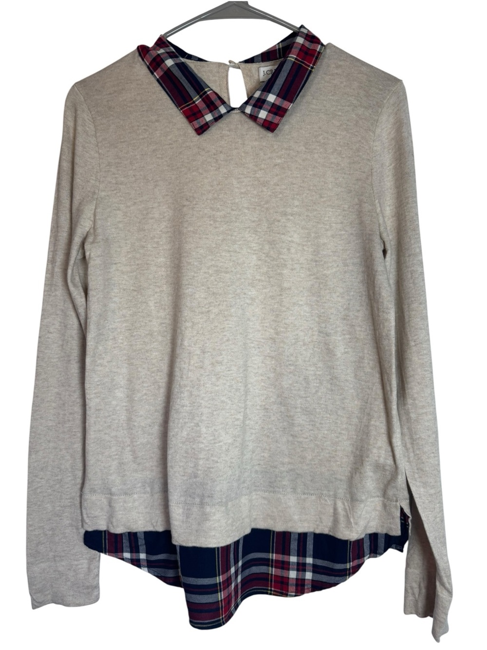 J. Crew Women’s Layered Look Small Beige Sweater with Plaid Trim